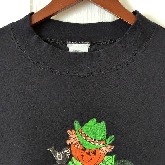 80's Vintage Halloween Scarecrow Pumpkins Short Sleeve Crewneck T-shirt Black L - Picture 2 of 10